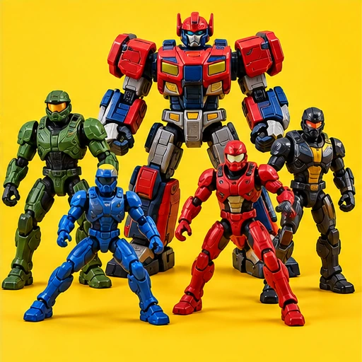 Fotografía de figuras de acción y robot de juguete sobre fondo amarillo