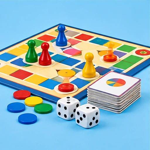 Fotografía de un juego de mesa con fichas, cartas y dados