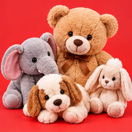 Fotografía de ositos y animales de peluche sobre fondo rojo