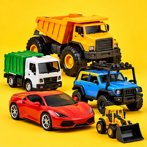 Fotografía de vehículos y autos de juguete sobre fondo amarillo