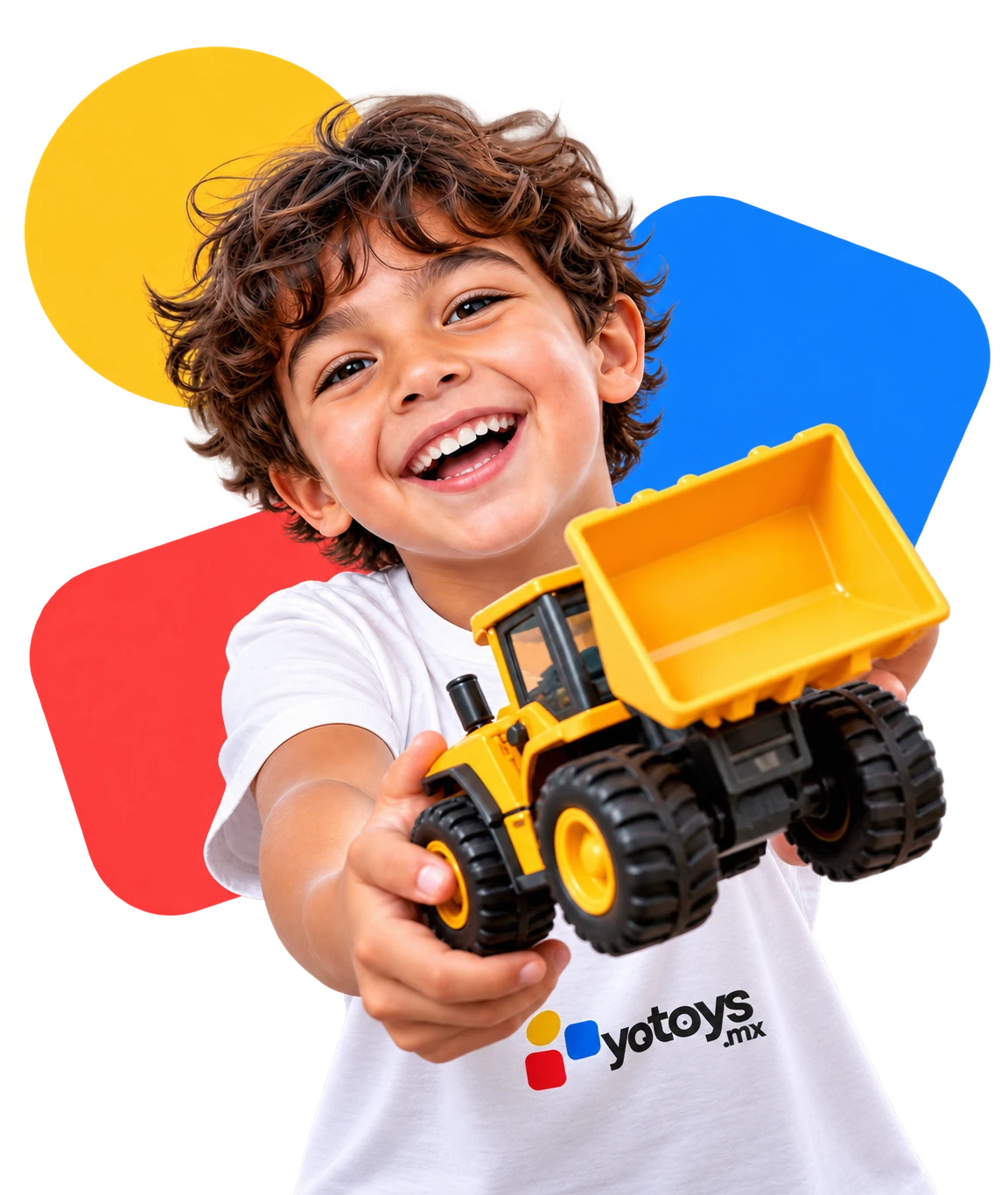 Niño feliz mostrando un camión amarillo de juguete con una playera de YoToys.mx